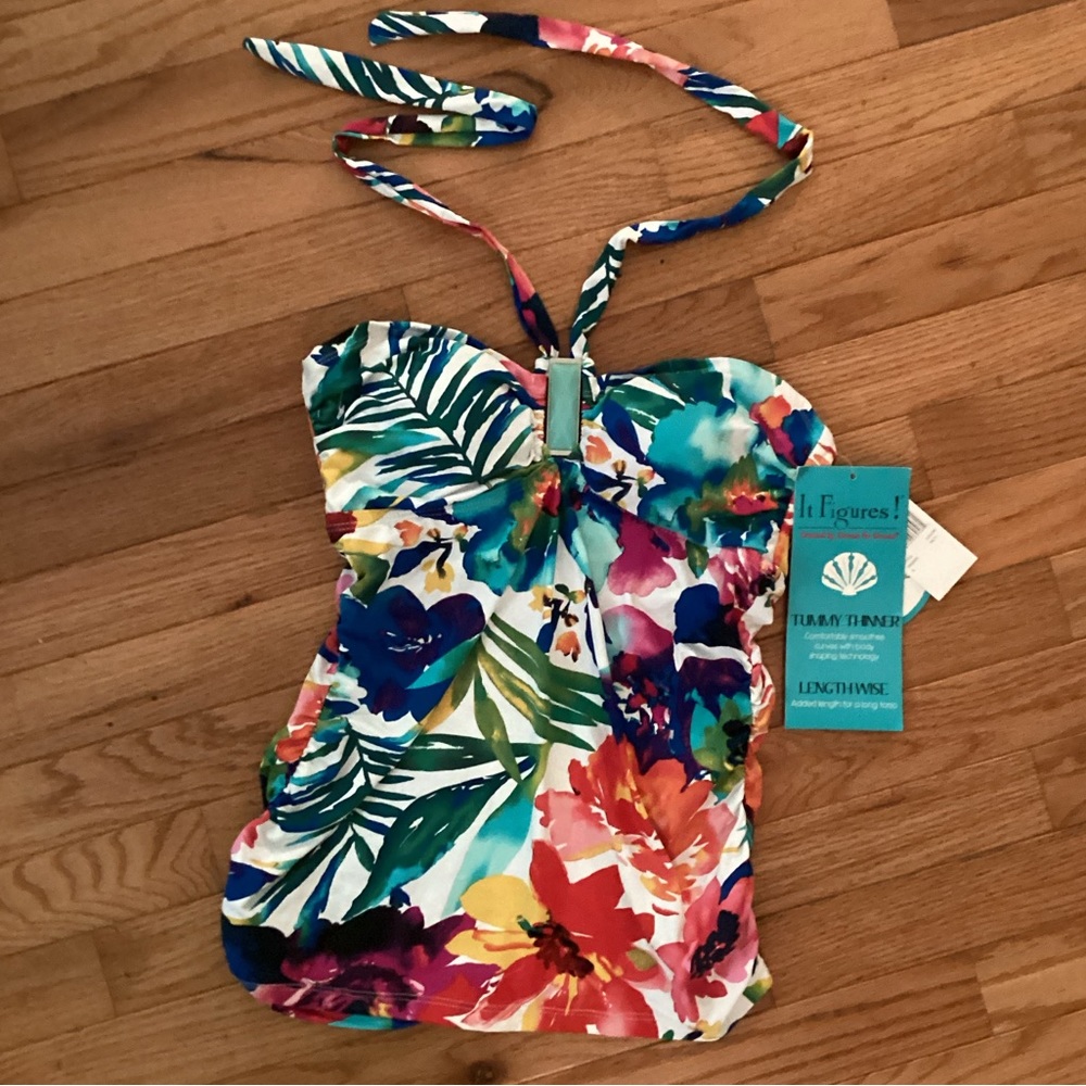 NWT “IT FIGURES” TUMMY THINNING RUCHED SIDES VIBRANT TROPICAL TANKINI - Picture 10 of 11
